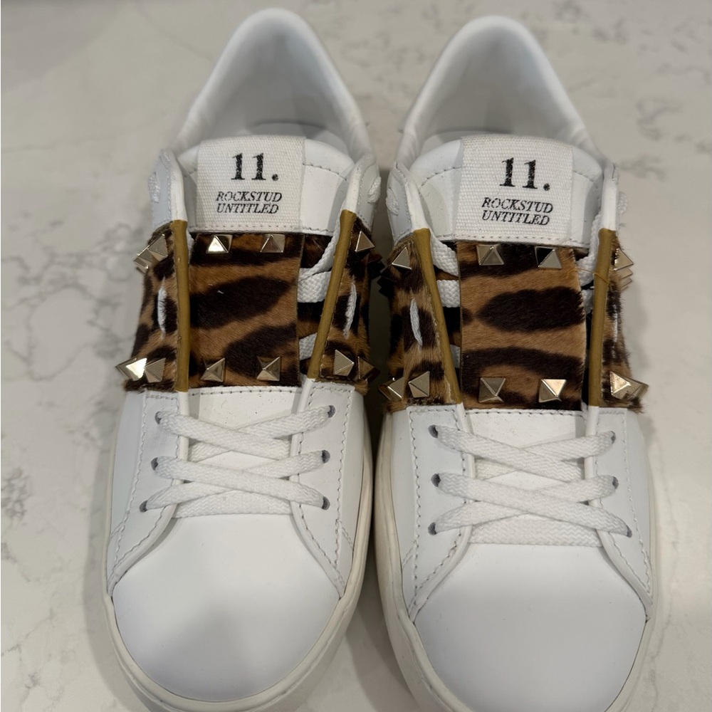 Valentino Garavani White and Leopard Rockstud Sneakers